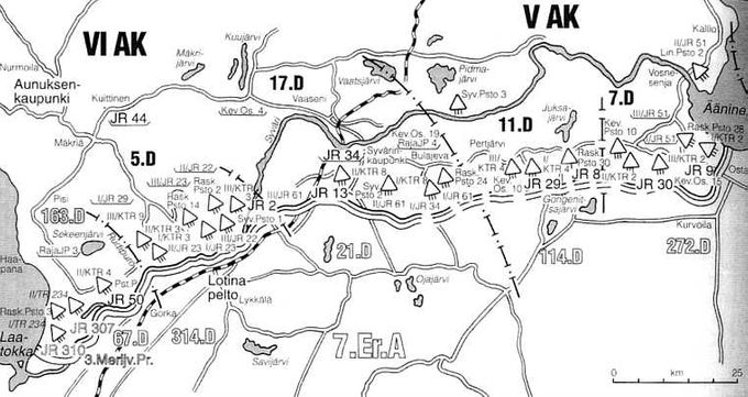 Suomen armeijan joukkojen ryhmitys Syvärin rintamalla 18.2.1942. RjP 4 kuului 11. Divisioonaan. Kartta on teoksesta Jatkosodan historia 4.