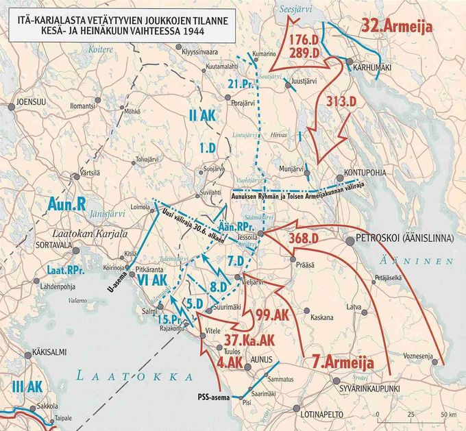 Kartan lähde on Sodan kartat (Ari Raunio), 2003, sivu 267.