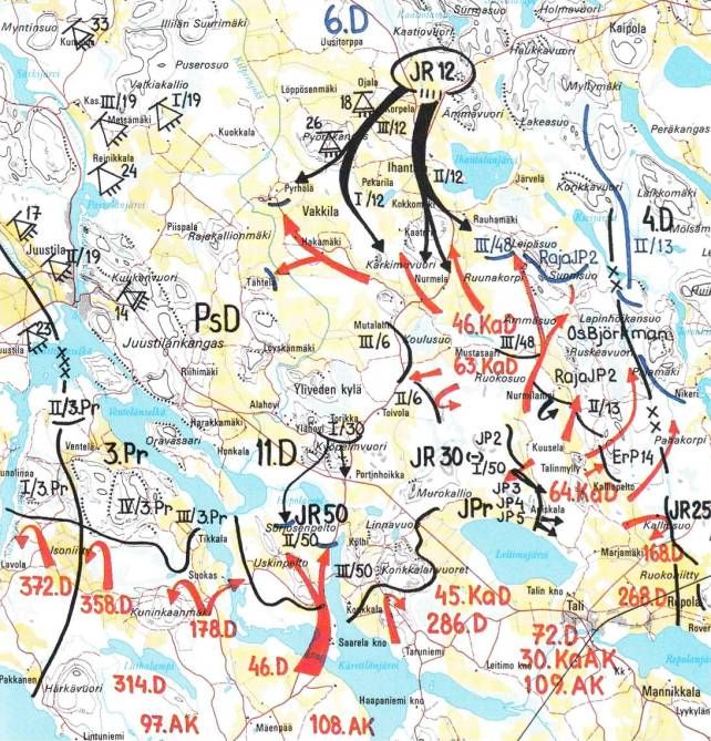 Rintaman tilanne 28.6.1944. JR 50 on kartalla alhaalla keskellä. Kuvan lähde on Matti Koskimaa, Veitsen terällä, 1993.