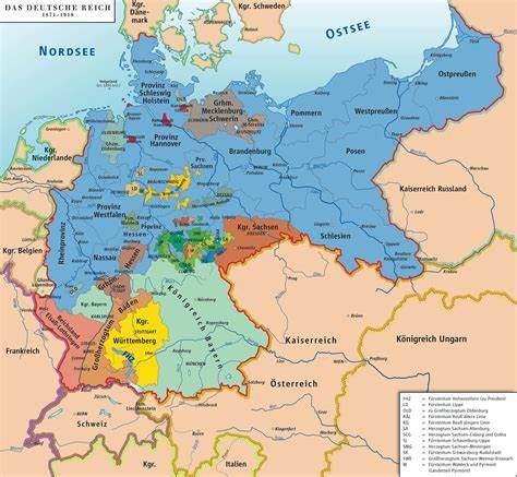 Saksan Keisarikunta vuodesta 1871 alkaen. Preussi on väriltään sininen. Kuvan lähde on Wikimedia.org.