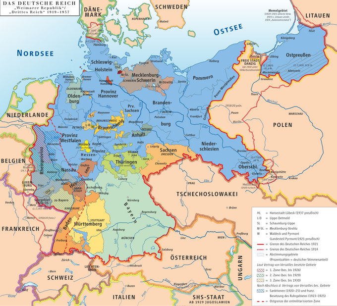 Saksa osavaltioineen vuonna 1937. Kartan lähde on Wikiwand.