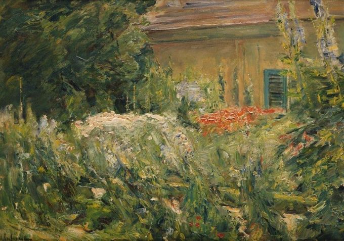 Taulu 4. Max Liebermann: Flowering Bushes by Garden Shed, maalattu vuonna 1928. Kuvan lähde on liebermann-villa.de.