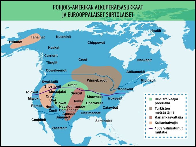 Pohjois-Amerikan alkuperäiset asukkaat. Kartan lähde on peda.net.