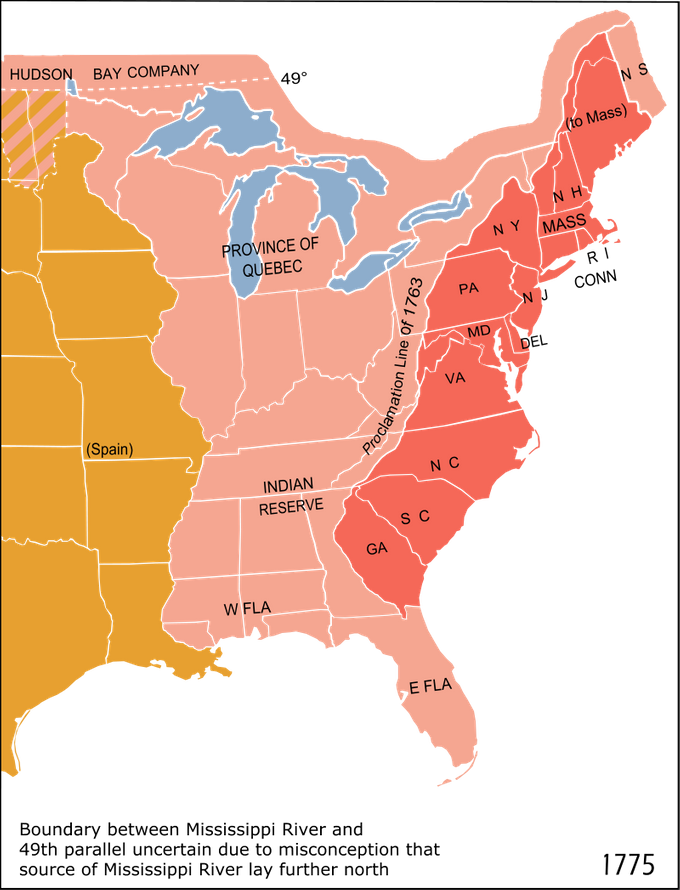 Kartta: Uuden mantereen 13 siirtokuntaa ovat punaisella, vaaleanpunaisen alueen Britannia sai sodassa Ranskaa vastaan ja oranssi alue oli Espanjan alla.