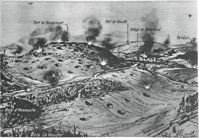 Kuva 1. Verdun-taistelussa 25. helmikuuta 1916 linnoitus Fort Douaumont. Kuvan lähde on printest.com.