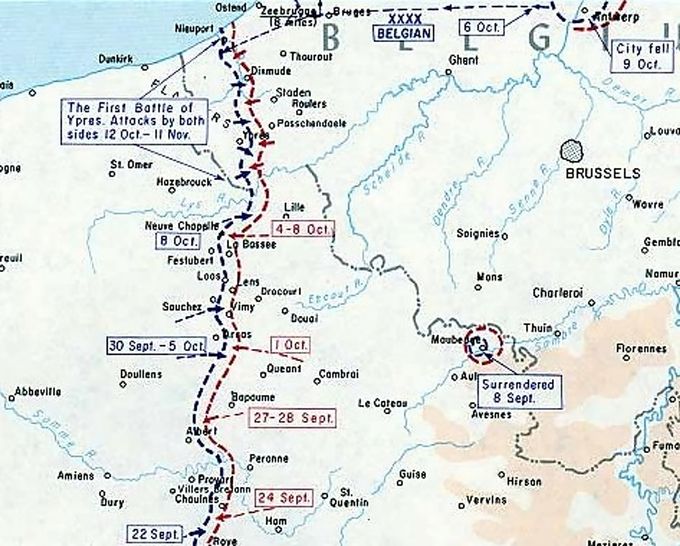 Kartta 1. Ypersin taistelut maailmansodan alussa vuonna 1914. Kartan lähde on Wikipedia.