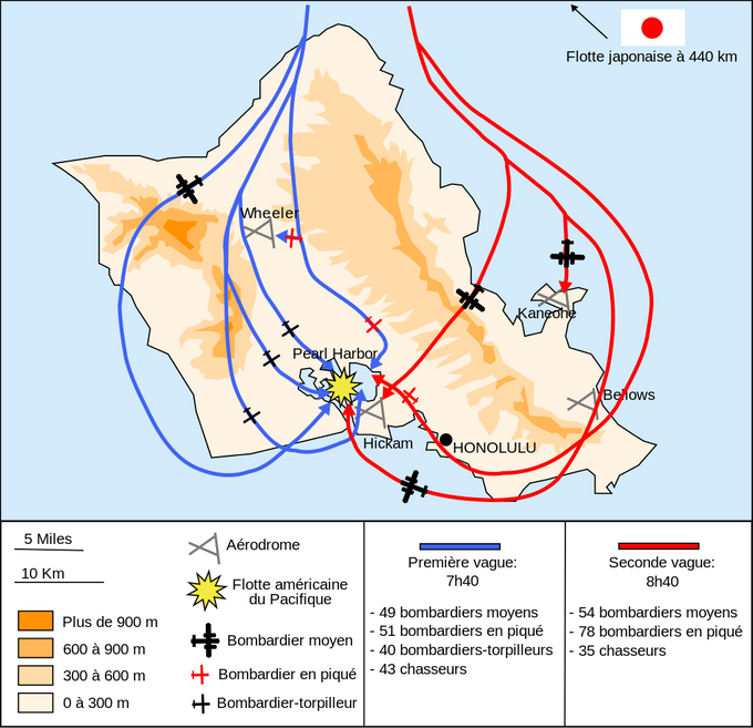 Kuva 2. Kartta, joka kuvaa japanilaisten 1. (siniset viivat) ja 2. (punainset viivat) hyökkäystä. Kuvan lähde on themaparchive.com.