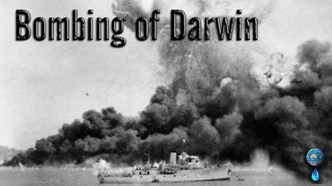 Kuva 1. Australian pohjoisrannikolla sijaitsevan Darwinin pommitus sodan aikana helmikuussa 1942. Kuvan lähde on sbs.com.au.