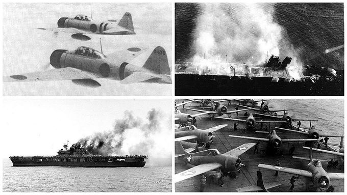 Kuva 1. Neljä valokuvaa Midwayn taistelusta vuonna 1942. Kuvien lähde on Wikipedia.